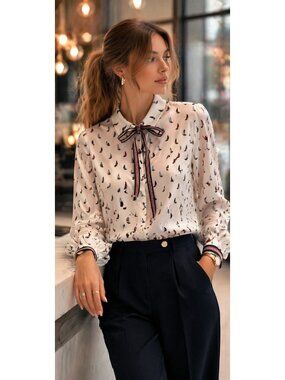 GIRDEAR Sailboat Print Blouse Womens Size 2 White Bow Tie Neck Long Sleeve